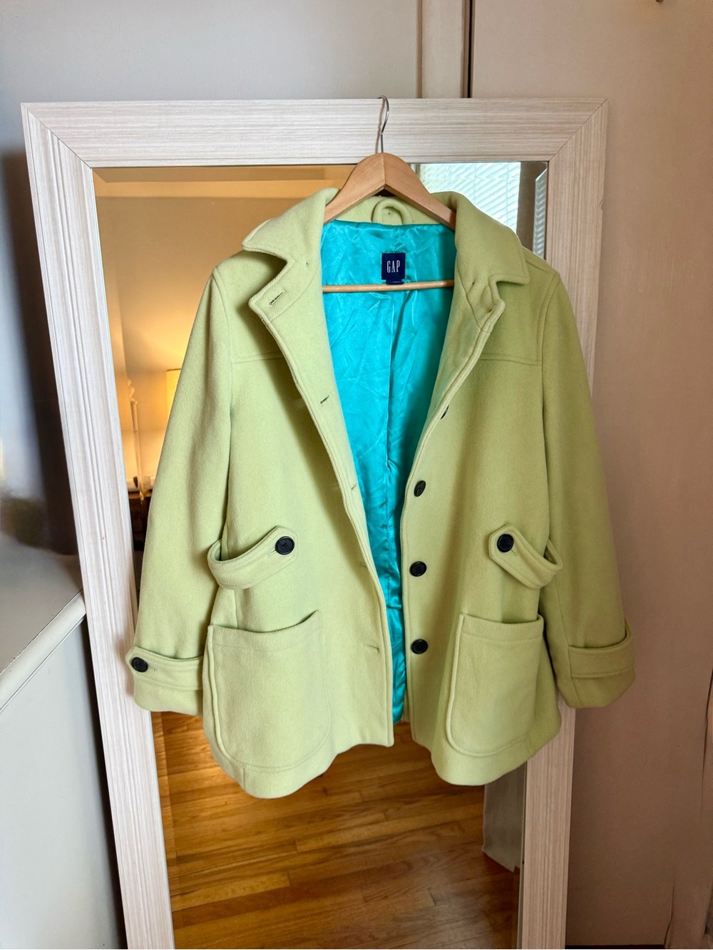 Women’s Vintage Y2K Light Green Wool Blend PeaCoat with Satin Liner